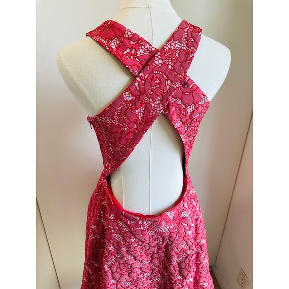 ML Monique Lhuillier Lace Pattern High Low Formal Dress Red white SZ SM Pockets - Picture 7 of 16